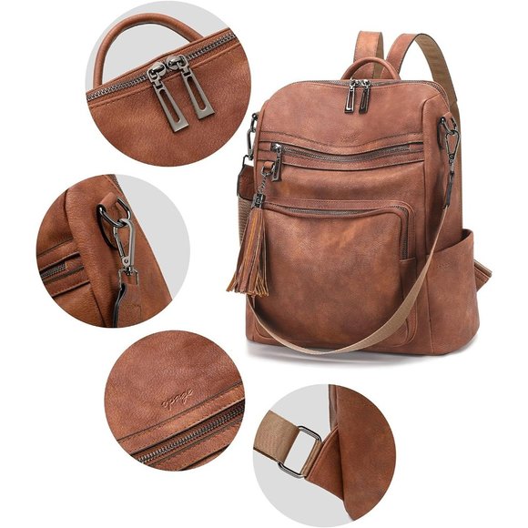 Women Brown Leather Travel Fashion Backpack with Tassel main image 15